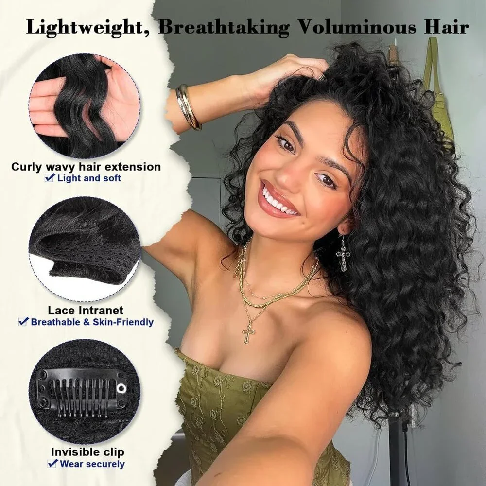 Curly Wavy Synthetic Clip in Hair Extensions 18 Inch 4PCS for Women